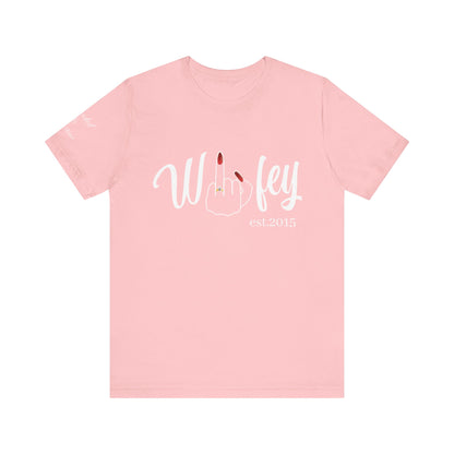 Personalized Wifey Graphic Tee with Year and Names on the Sleeve.